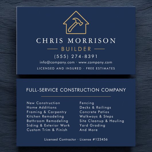 Carte De Visite Constructeur Navy Blue Gold Construction Moderne