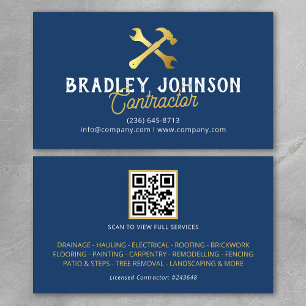 Carte De Visite Construction Blue Gold Code QR de bâtiment