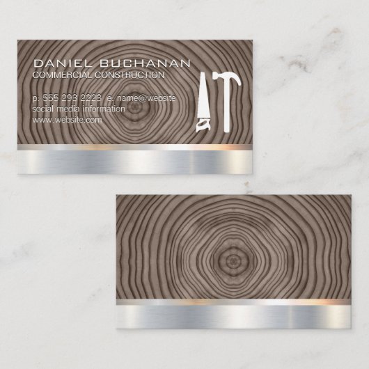 Carte De Visite Construction | Bois métallique | Outils de marteau (Devant / Derrière)