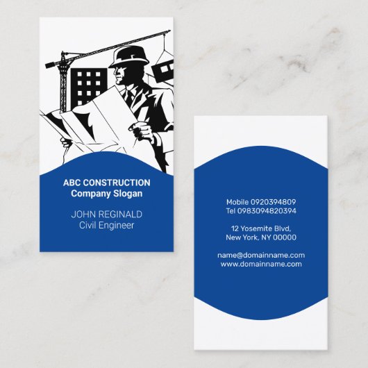 Carte De Visite Construction Business Bleu et Blanc (Devant / Derrière)