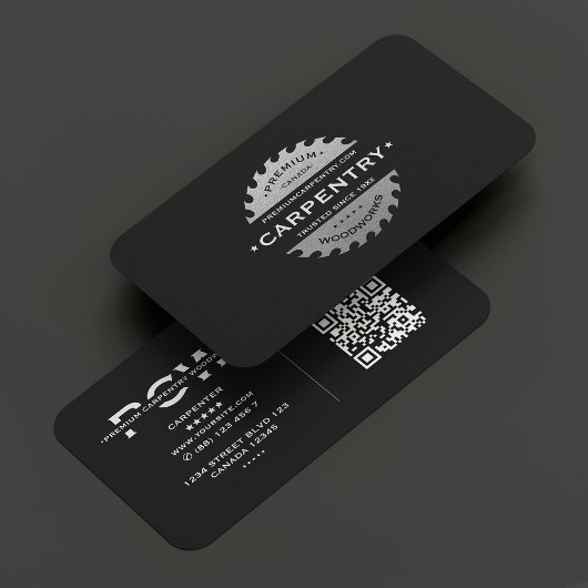Carte De Visite Construction Carpenter noir argent scie moderne