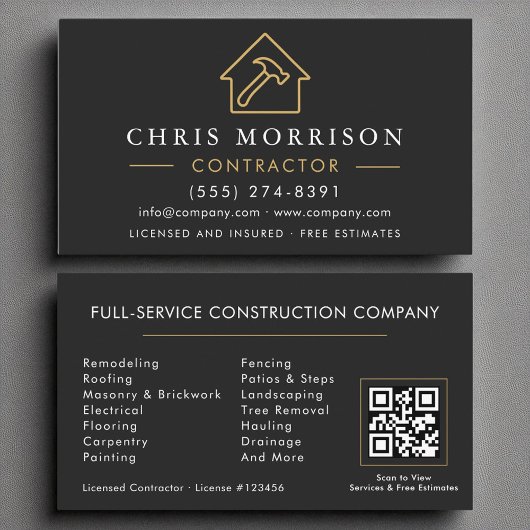 Carte De Visite Construction Company Black Gold Luxury QR Code