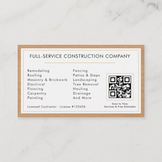 Carte De Visite Construction Construction Bois d'or blanc Code QR (Dos)