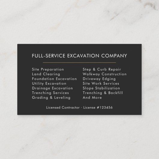 Carte De Visite Construction Contractor Excavation Services (Dos)