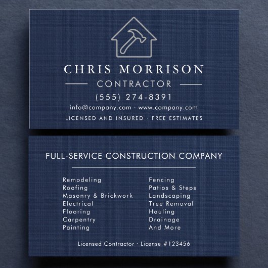 Carte De Visite Construction de bâtiment Luxe Bleu Nuit Argent