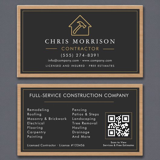 Carte De Visite Construction de bâtiment Noir Bois Bois QR Code