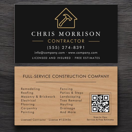 Carte De Visite Construction de bâtiments Code QR Bois Or Noir