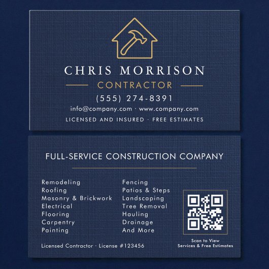 Carte De Visite Construction de bâtiments Lin Navy Blue