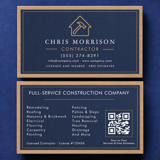 Carte De Visite Construction de bâtiments Lin Navy Blue Or Bois