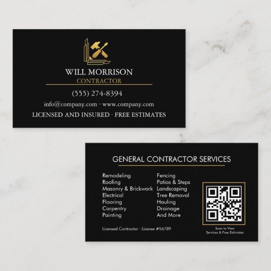 Carte De Visite Construction de bâtiments modernes Or et Noir  (Devant / Derrière)