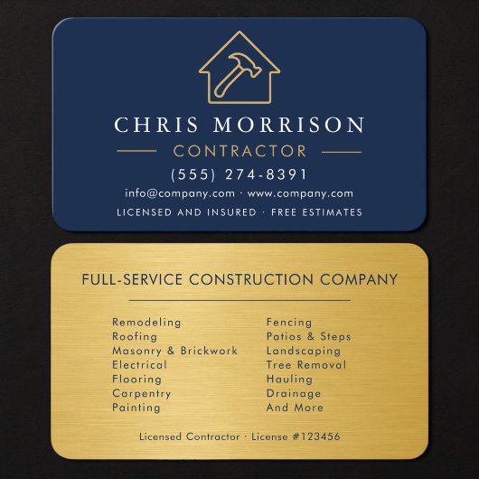 Carte De Visite Construction de bâtiments Navy Blue & Gold métalli