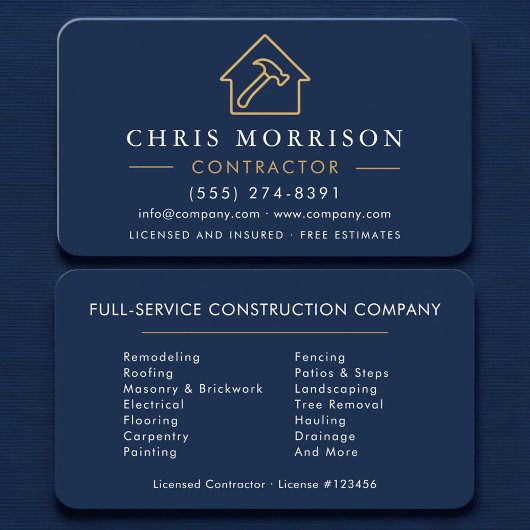 Carte De Visite Construction de bâtiments Navy Blue Or Professionn
