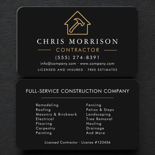 Carte De Visite Construction de bâtiments Or Noir Professionnel