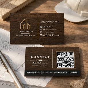 Carte De Visite Construction de code QR à grain de bois moderne