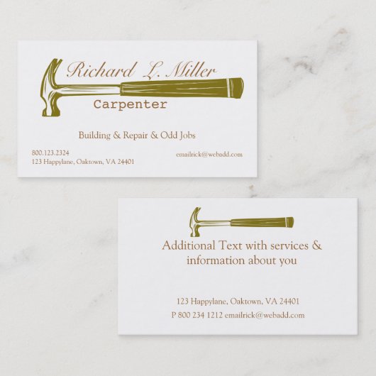 Carte De Visite Construction de menuisiers de menuiserie (Devant / Derrière)