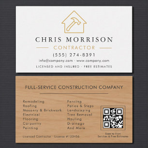 Carte De Visite Construction du bâtiment du bois Code QR en or bla