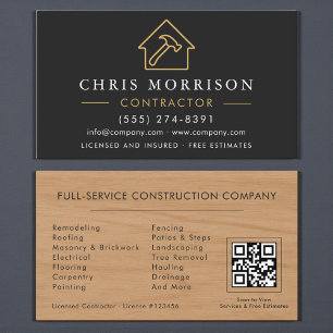 Carte De Visite Construction du bâtiment du bois Noir Code QR or