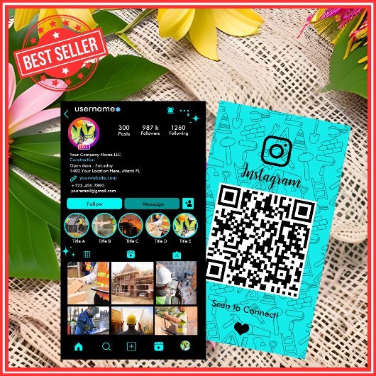 Carte De Visite Construction Instagram Turquois | Code QR