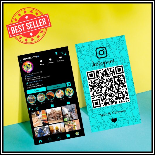 Carte De Visite Construction Instagram Turquoise | Code QR