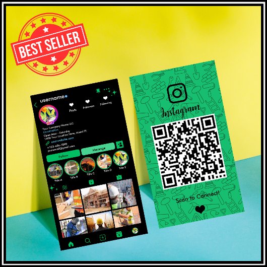 Carte de visite Construction Instagram Vert | QR C