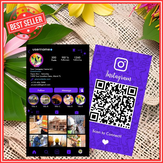 Carte De Visite Construction Instagram Violet Code QR