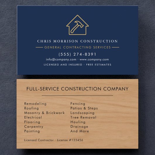 Carte De Visite Construction Luxe Bois Bleu Nuit Or