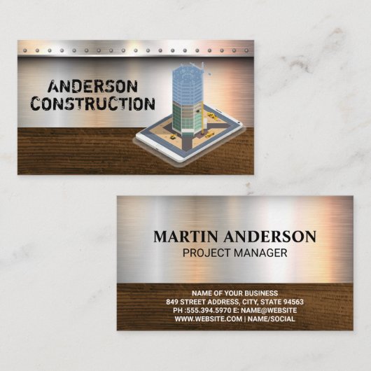 Carte De Visite Construction | Metal Rivets Wood (Devant / Derrière)