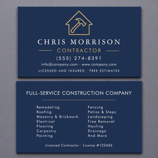 Carte De Visite Construction moderne Marine Blue Gold