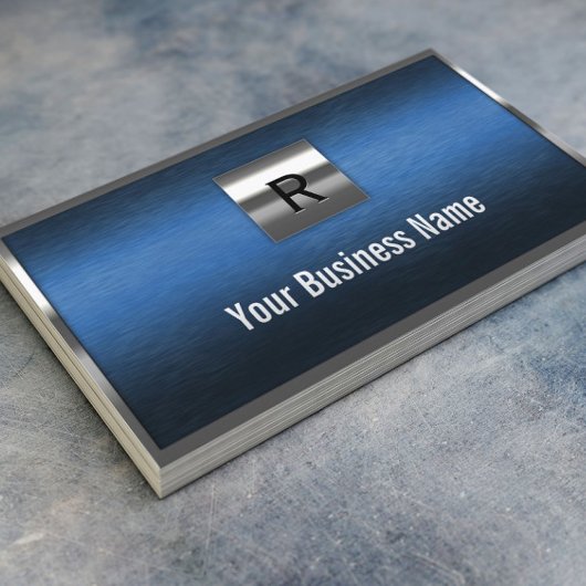 Carte De Visite Construction Monogramme Bleu Métal Bordure