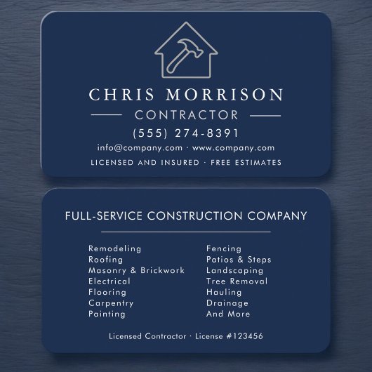 Carte De Visite Construction Simple Bâtiment Bleu Nuit Argent