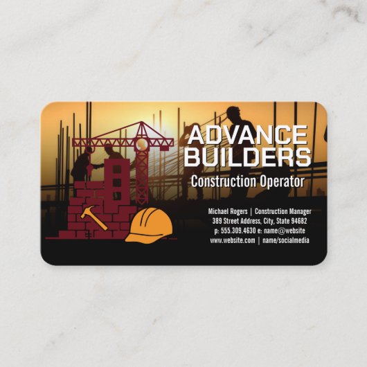 Carte De Visite Construction | Travailleurs sur site | Col bleu (Devant)