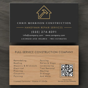 Carte De Visite Construction Wood Handyman Black Gold Code QR