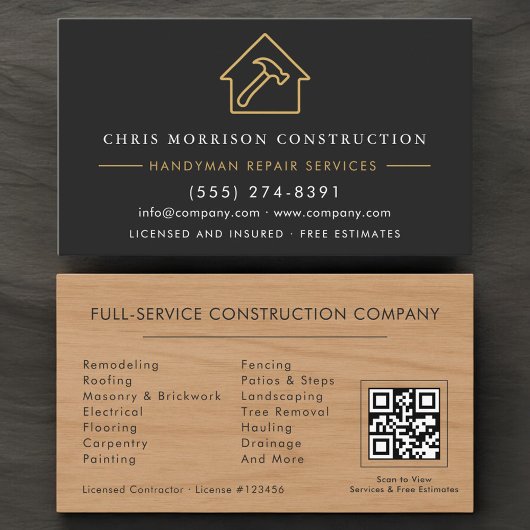 Carte De Visite Construction Wood Handyman Black Gold Code QR