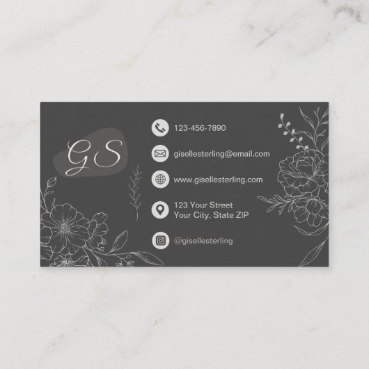 Carte De Visite Consultant Moody Charcoal Grey Floral Script (Dos)