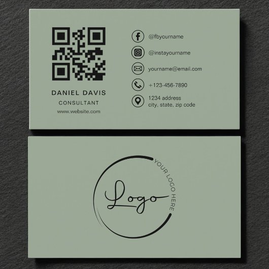 Carte De Visite Consultant Sage Green Logo QR Code 