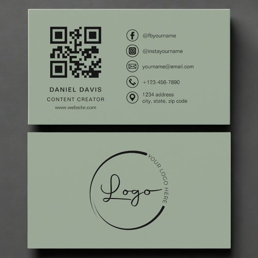 Carte De Visite Content Creator Sage Green Logo QR Code 