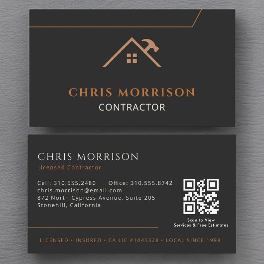 Carte De Visite Contractant Construction QR Code noir Cuivre