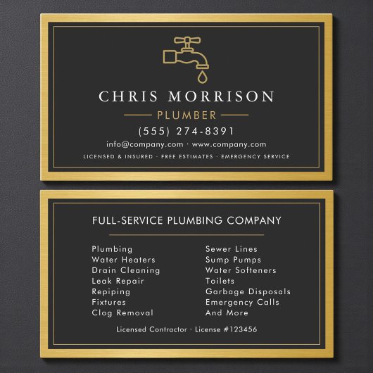 Carte De Visite Contractor Plumbing Service Gold Black