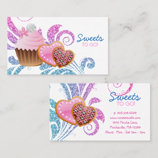 Carte De Visite Cookies Cupcake Bakery Cute Swirl parties scintill (Devant / Derrière)