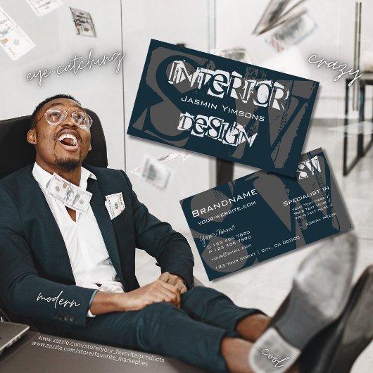 Carte De Visite Cool moderne bleu foncé blanc et gris avec initial