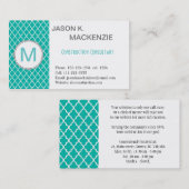 Carte De Visite Cool, moderne turquoise quatrefoil monogramme prof (Devant / Derrière)