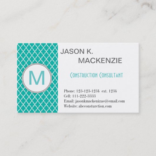 Carte De Visite Cool, moderne turquoise quatrefoil monogramme prof (Devant)