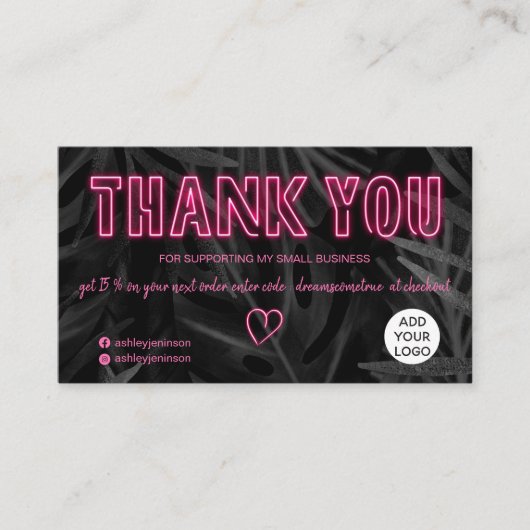 Carte De Visite Cool neon signe rose commande merci feuille noire (Devant)