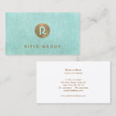 Carte De Visite Cool Retro Gold Monogram Modern Aqua Blue (Devant / Derrière)
