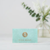 Carte De Visite Cool Retro Gold Monogram Modern Aqua Blue (Debout devant)