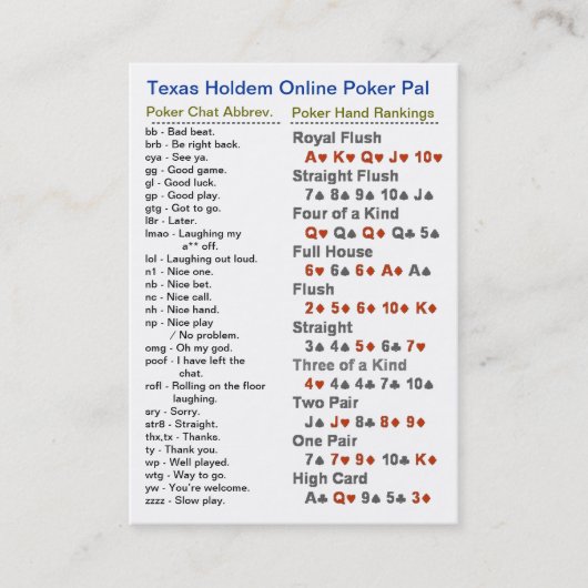 Carte De Visite Copain en ligne de tisonnier du Texas Holdem (Devant)
