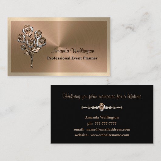 Carte De Visite Copper & Gold Floral Event Planner Business Card (Devant / Derrière)