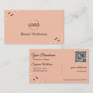 Carte De Visite Corail avec logo à lignes dorées roses et code QR