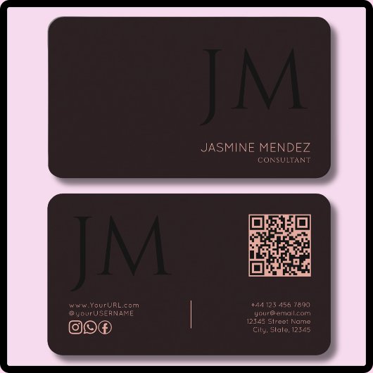 Carte De Visite Corail Bourgogne Foncé Noir Monogramme Code QR Mod