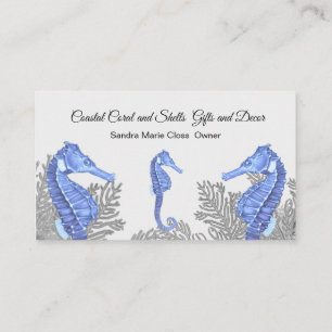 Carte De Visite Coral Gris Bleu Seahorse Simple Côtier